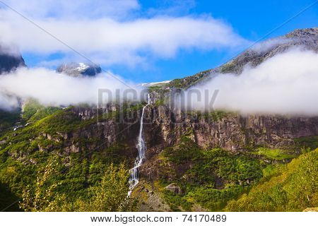 Waterfall near Briksdal glacier - Norway - nature and travel background