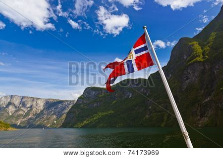 Norway flag and Sognefjord - nature and travel background