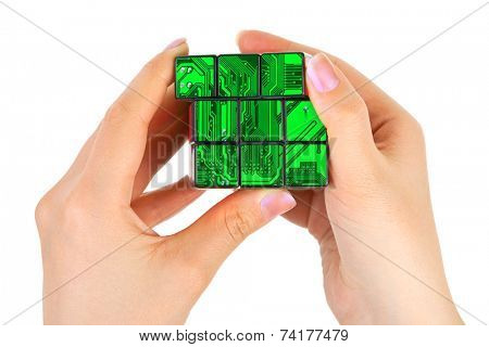 Hands with technology puzzle isolated on white background