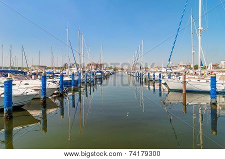 Port Of Cervia With Boats And Yachts On The Quay, Italy.