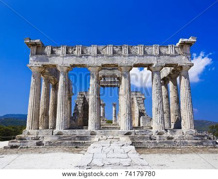 Ruins of temple on island Aegina, Greece - archaeology background