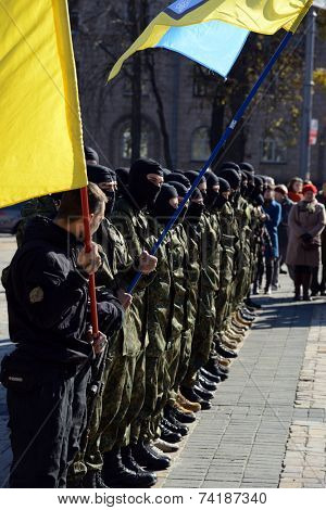 Kiev, Ukraine, October 19, 2014. Friends and relatives accompany the Battalion 