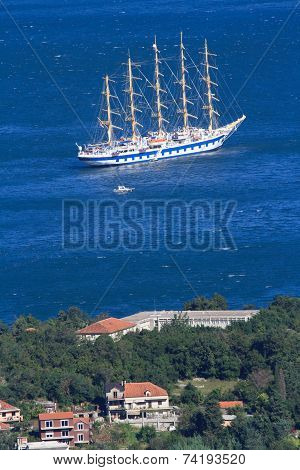 Five-masted Ship In The Bay Near The Town Of Kotor, Montenegro