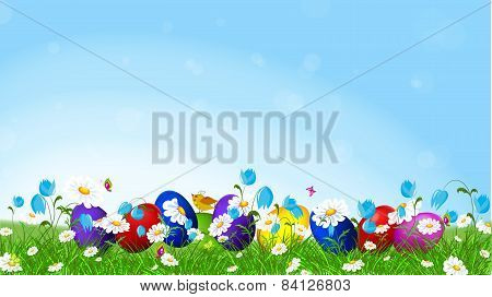 Colorful Easter Eggs  And L Spring Flowers.