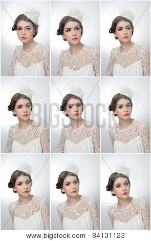 Hairstyle and make up - beautiful young girl art portrait. Cute brunette with white cap and veil