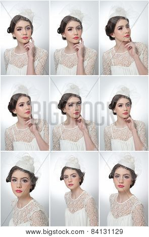 Hairstyle and make up - beautiful young girl art portrait. Cute brunette with white cap and veil