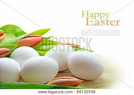 White Eggs And Orange Tulips, Coner Background For Easter