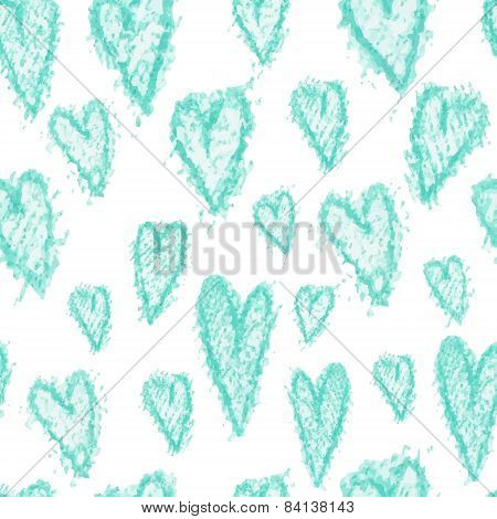 Seamless vector pattern - azure hearts (hand drawn with watercolor pencil)