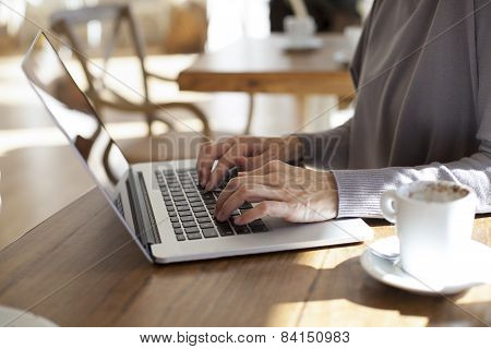 Typing Laptop In Cafe Horizontal