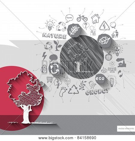 Paper and hand drawn tree emblem with icons background