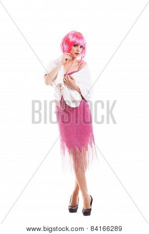 Pink hair girl dressed as Merelyn Monroe isolated on white background