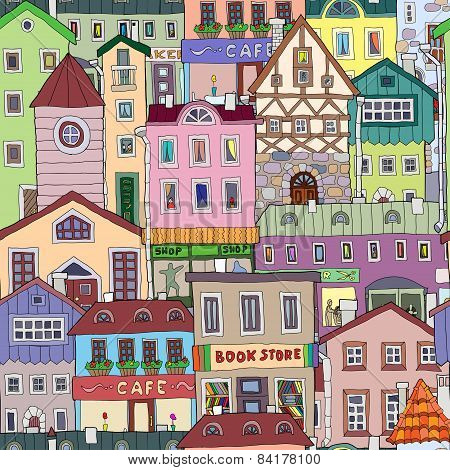 Hand-drawn pattern with old houses
