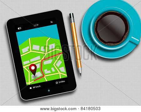 Tablet With Gps Navigation Application, Coffee And Pencil Lying On Table