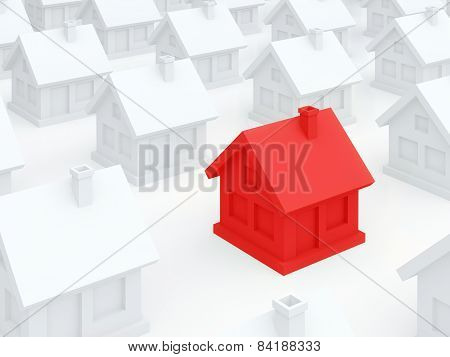 Red Dangerous Home Among Ordinary White Houses (3D Render)