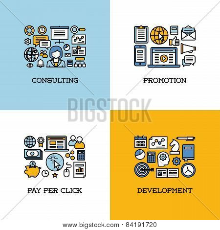 Flat Line Icons Set Of Consulting, Promotion, Pay Per Click, Development. Creative Design Elements