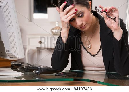 Business Woman Office Manager Rubs Head Depression Sadness