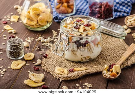 Homemade Yogurt With Granola, Dried Fruit And Nuts Bio