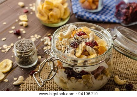 Homemade Yogurt With Granola, Dried Fruit And Nuts Bio