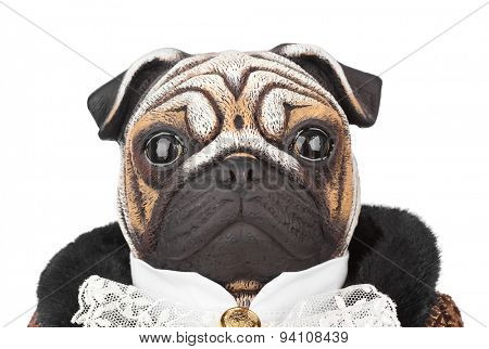 Toy pug dog in butler costume isolated on white background
