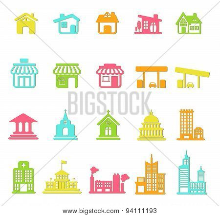 Colorful House, Church, Shop, Building, And Other Public Construction Architecture Icon Set, Create