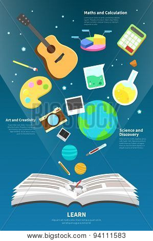 Science, Art, Maths And Creativity Tool Icon Is Flying From An Open Open Book To Represent Learn And