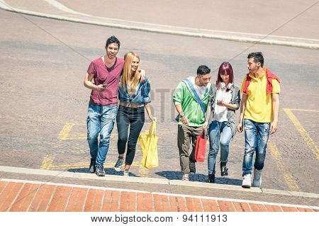 Happy Best Friends Walking And Talking In The City Center - Tourist Guys And Girls Having Fun Around