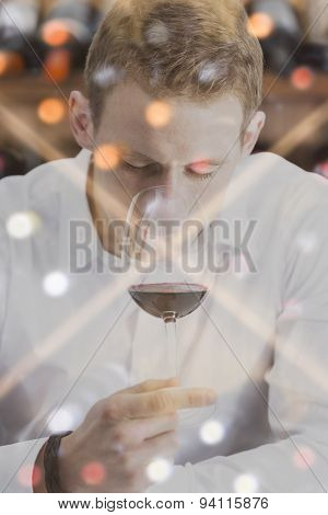 Double Exposure Man Smelling The Wine And A Wine Rack .