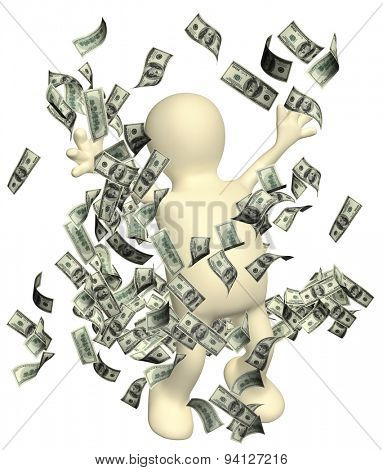 Happy puppet with money. Isolated on white background
