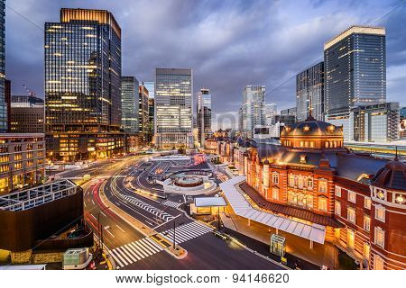 Tokyo, Japan at the Marunouchi business district and Tokyo Station.