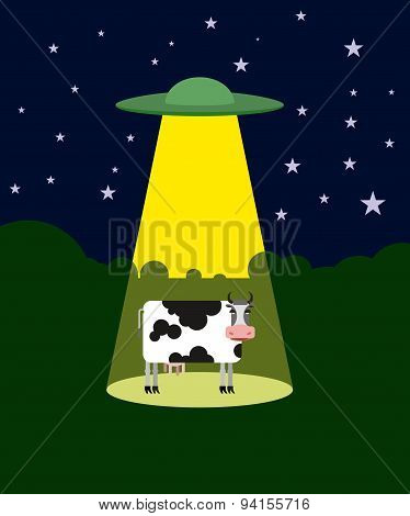 UFO abducts a cow. Space aliens and cattle. Flying saucer beam picks up animal from farm. Vector ill