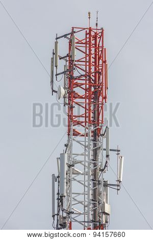 Close Up White Color Antenna Repeater Tower On Blue Sky