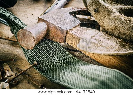Different tools on a wooden background.