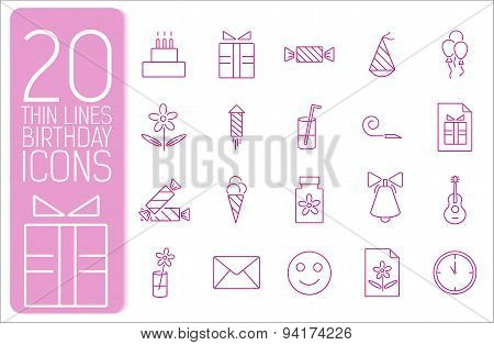 Thin Line Happy Birthday Icons Set Concept. Vector Illustration