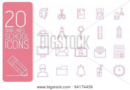 Thin Line Office Set Icons School Concept. Vector Illustration D