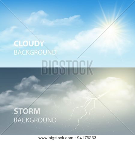 Thunder and lightning, sun and clouds. Weather background. Vector illustration