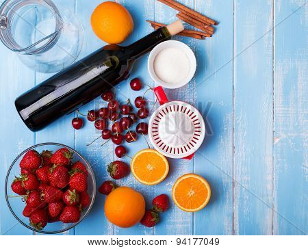 Ingredients For Sangria On The Wooden Table, Top View