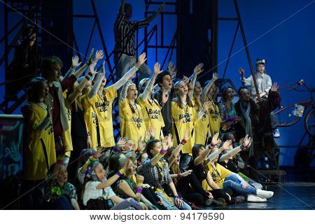 ST. PETERSBURG, RUSSIA - JUNE 19, 2015: Actors perform in a scene from a children's charity project titled Mowgli Generation. The performance is part of the St. Petersburg International Economic Forum