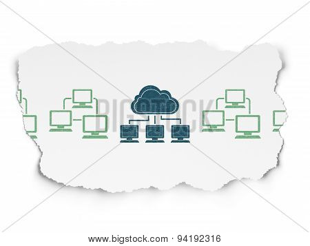 Cloud computing concept: cloud network icon on Torn Paper