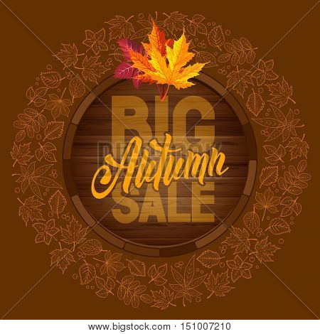 Autumn sale ad banner with rounded design and line art autumn leaves. Lettering with calligraphy inscription Autumn Sale. Vector stock illustration.