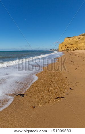 Burton Bradstock beach Dorset England UK Jurassic coast with sandstone cliffs and white waves in summer with blue sea and sky