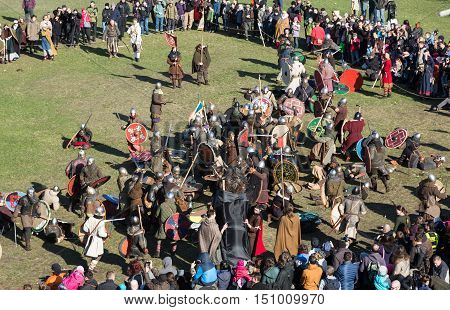 KRAKOW POLAND - MARCH 29 2016: Unidentified participants of Rekawka - Polish tradition celebrated in Krakow on Tuesday after Easter. Currently has the character of festival historical reconstruction