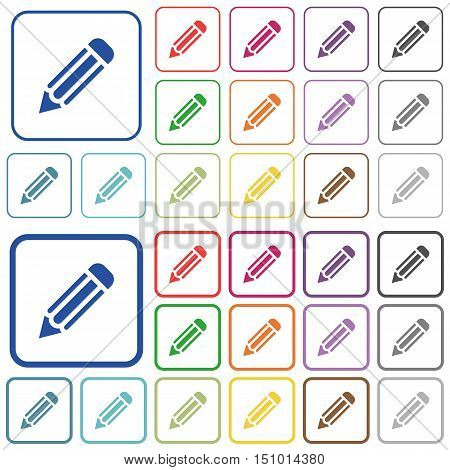 Set of pencil flat rounded square framed color icons on white background. Thin and thick versions included.