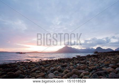 Beautiful Sunset at Stony Beach Elgol Isle of Skye Highland Scotland