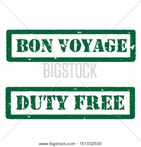 Vector illustration green bon voyage and duty free grunge rubber stamps on white