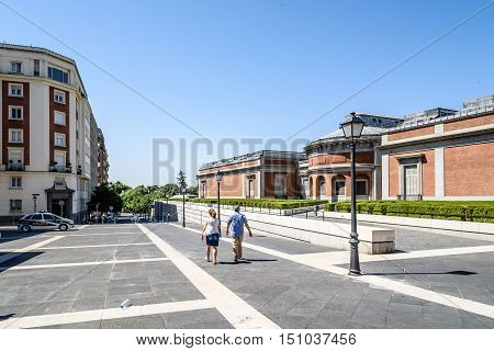 Madrid Spain - July 03 2016: Prado Museum. Back view of the museum on a sunny day. It is the main Spanish national art museum. It features one of the world's finest collections of European art.