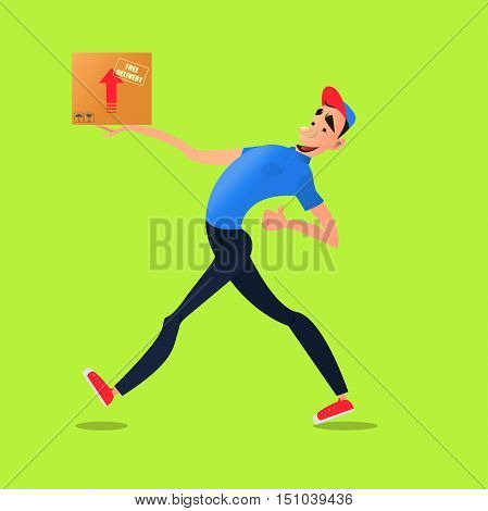 Fast free delivery. Courier runs with box on the order.Cheerful man courier.Colorful characters in a flat style