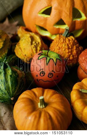 an apple disguised as a pumpkin with a funny face trying to go unnoticed between different real pumpkins