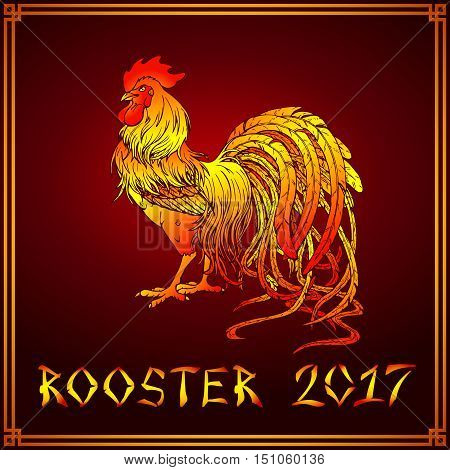 Vector illustration. A handsome fiery red rooster on a dark red background. A symbol of the Chinese new year 2017 according to east calendar. Festive greeting card.