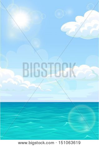 Sea water of the ocean against the blue sky and the sun. Vertical landscape background of summer mood. Vector illustration.