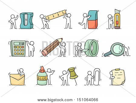 Office supplies set with working little people. Doodle cute miniature scenes of workers with stationery. Hand drawn cartoon vector illustration for business and school design.